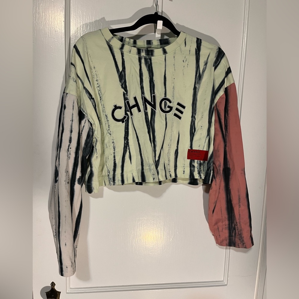 CHNGE Women's Cropped Long Sleeve Jersey in Pale Lime, White & Dusty Rose